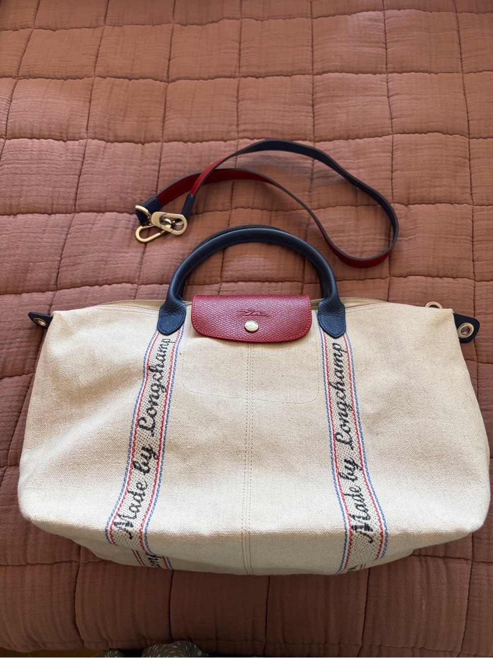 Longchamp Beige Canvas Tote with Red and Blue Trim
